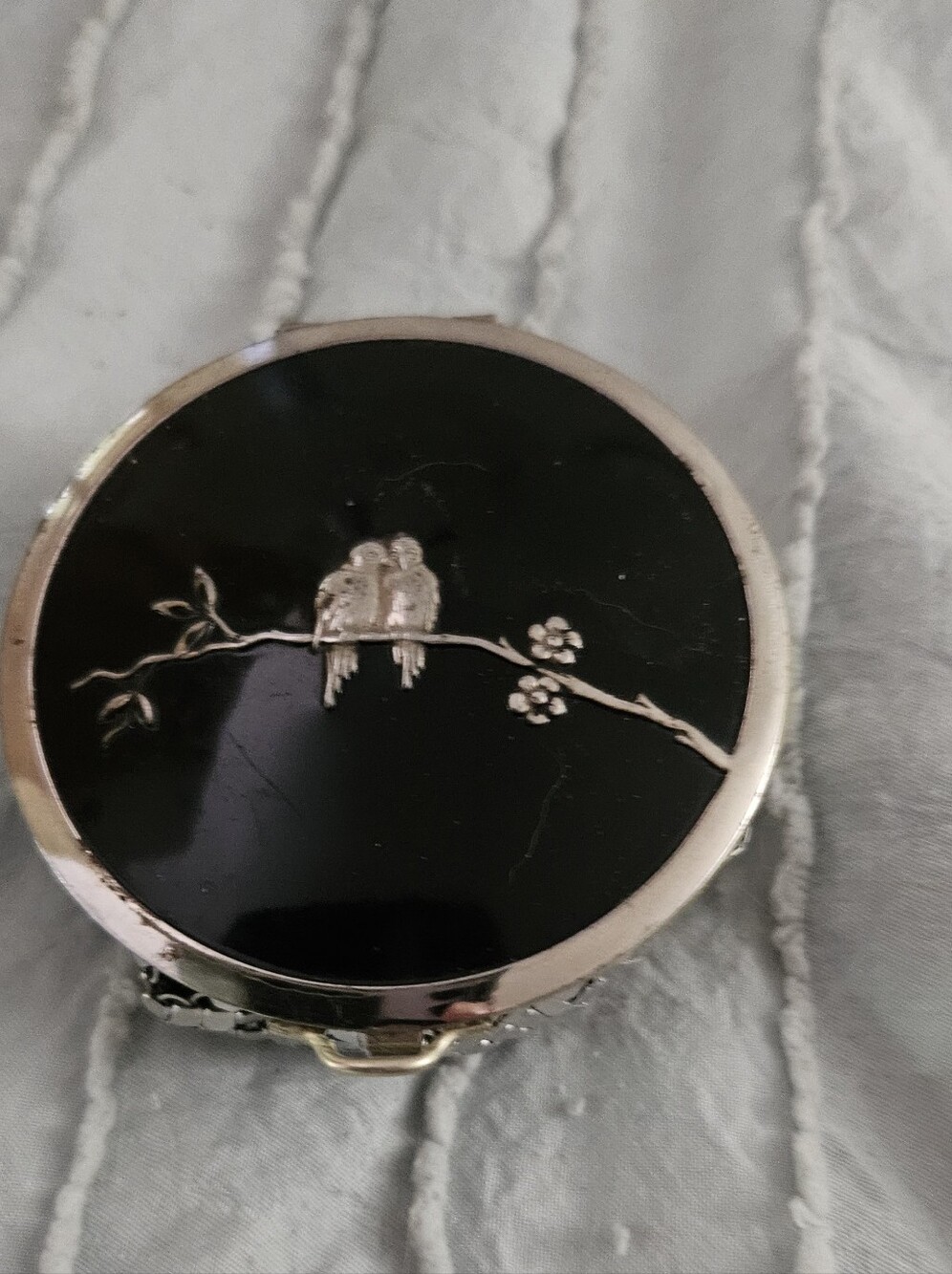 Vintage Black Enamel Compact with Silver Bird Motif